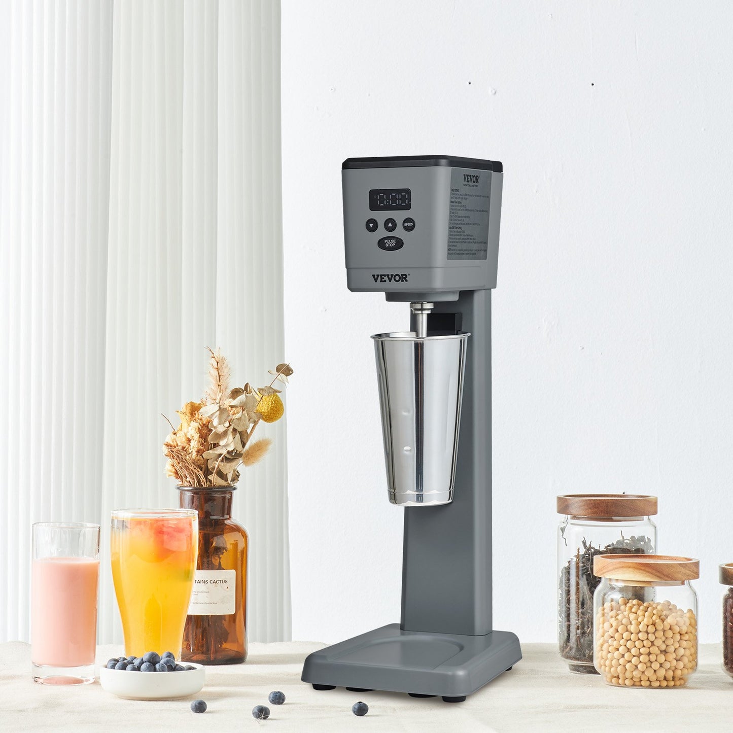Electric Milkshake Maker 375W with Stainless Steel Cup 3-Speed Drink Blender Grey