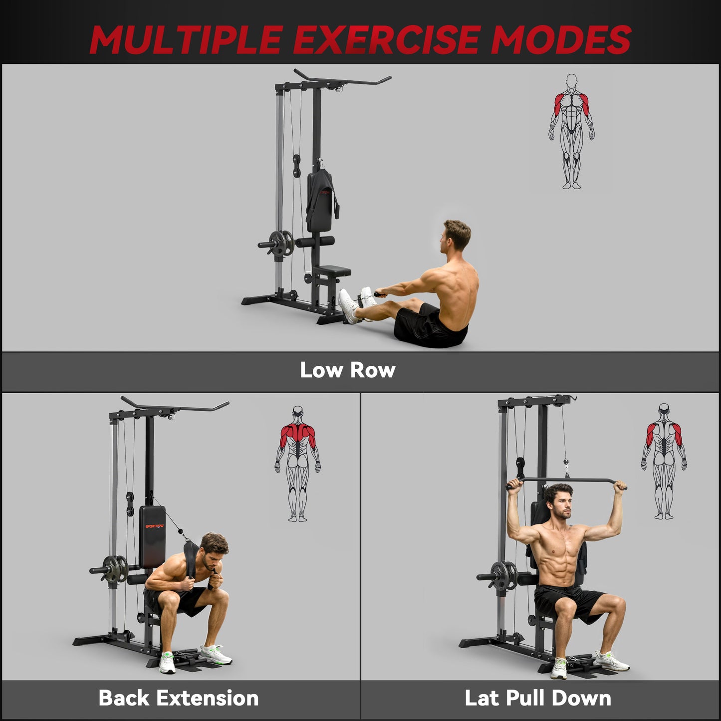 Lat Pull Down Machine with Adjustable Seat & Low Pulley - Black