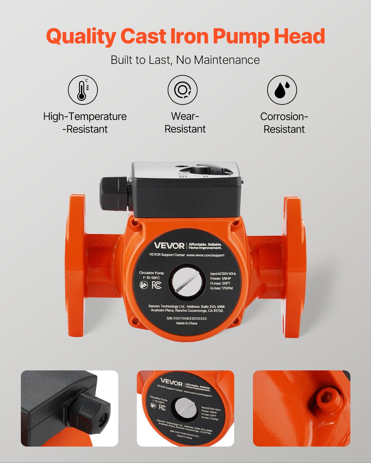 Cast Iron Circulator Pump 17 GPM 120V Hot Water Recirculating Pump 1-Inch Flange