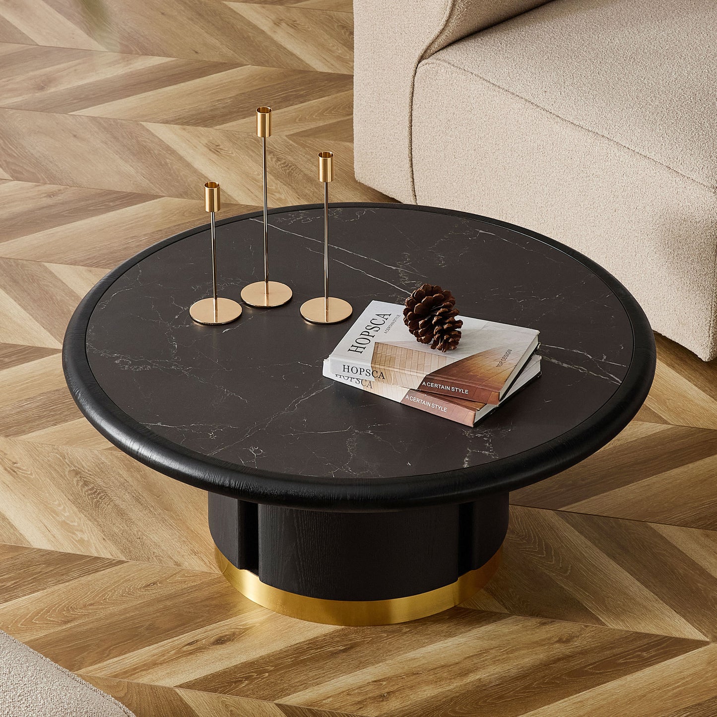 Round Coffee Table with Sintered Stone Top - Black