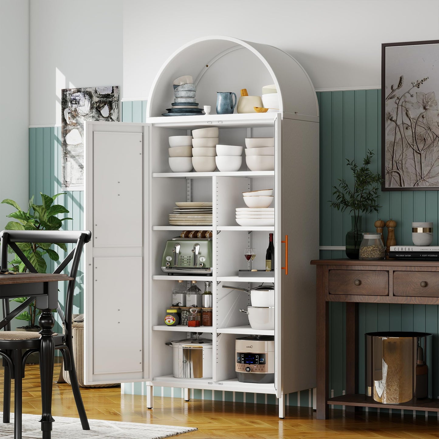 Arched Metal Pantry Storage Cabinet with 6 Adjustable Shelves - White