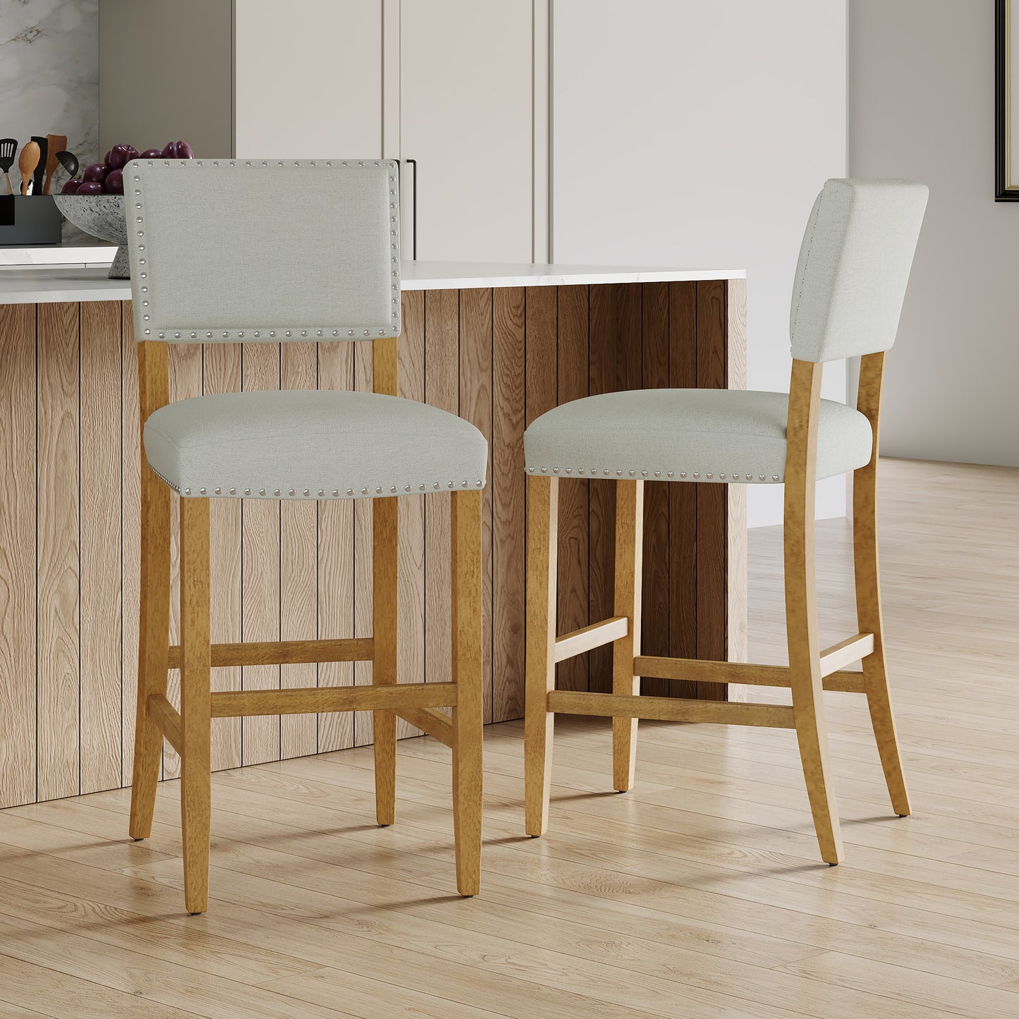 Barstools With Rivet Decoration Set Of 2 , Wood Frame,fabric Sponge