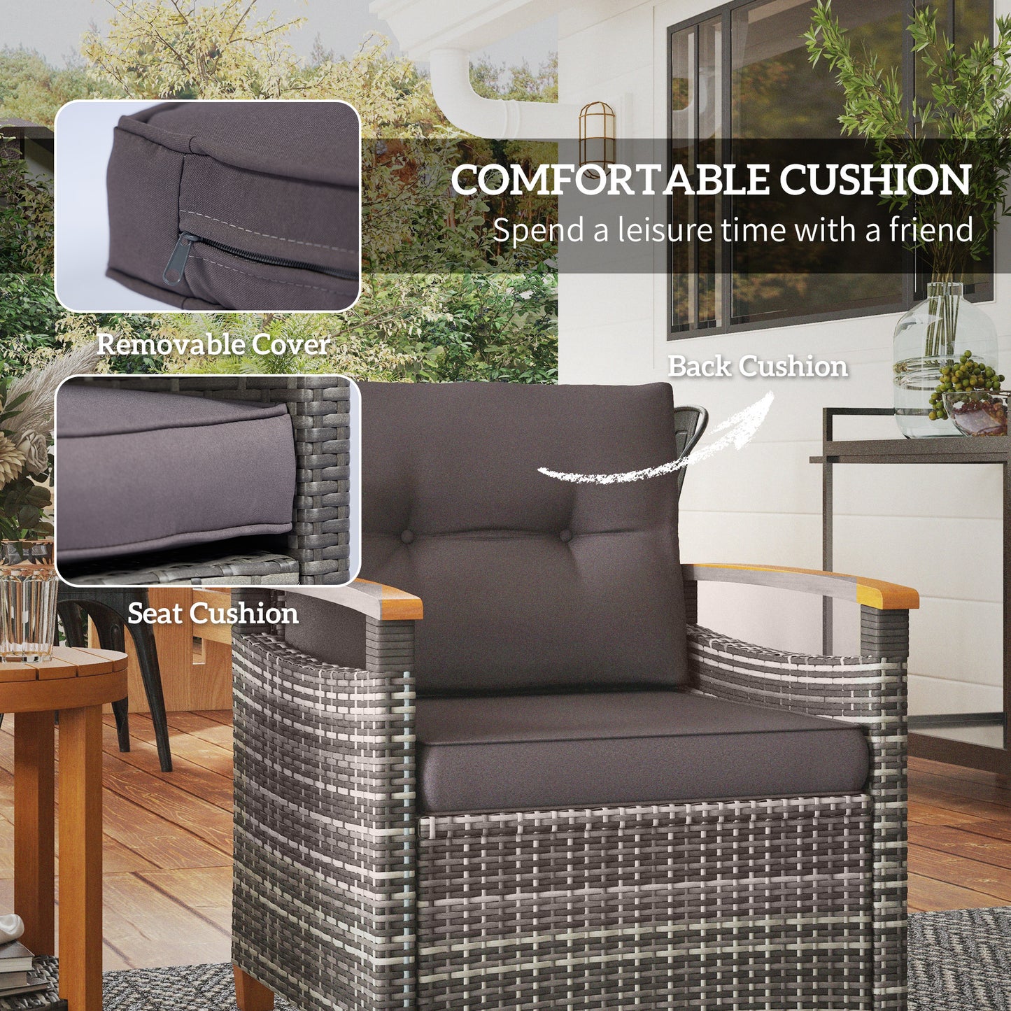 Outdoor Bistro Set with Cushions - Gray Wicker Patio Furniture