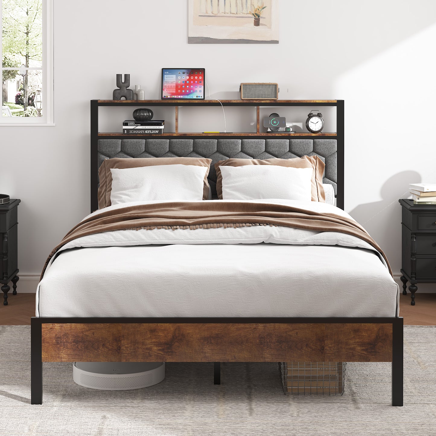 Full Wood Platform Bed Frame with Upholstered Headboard, USB Ports & Underbed Storage
