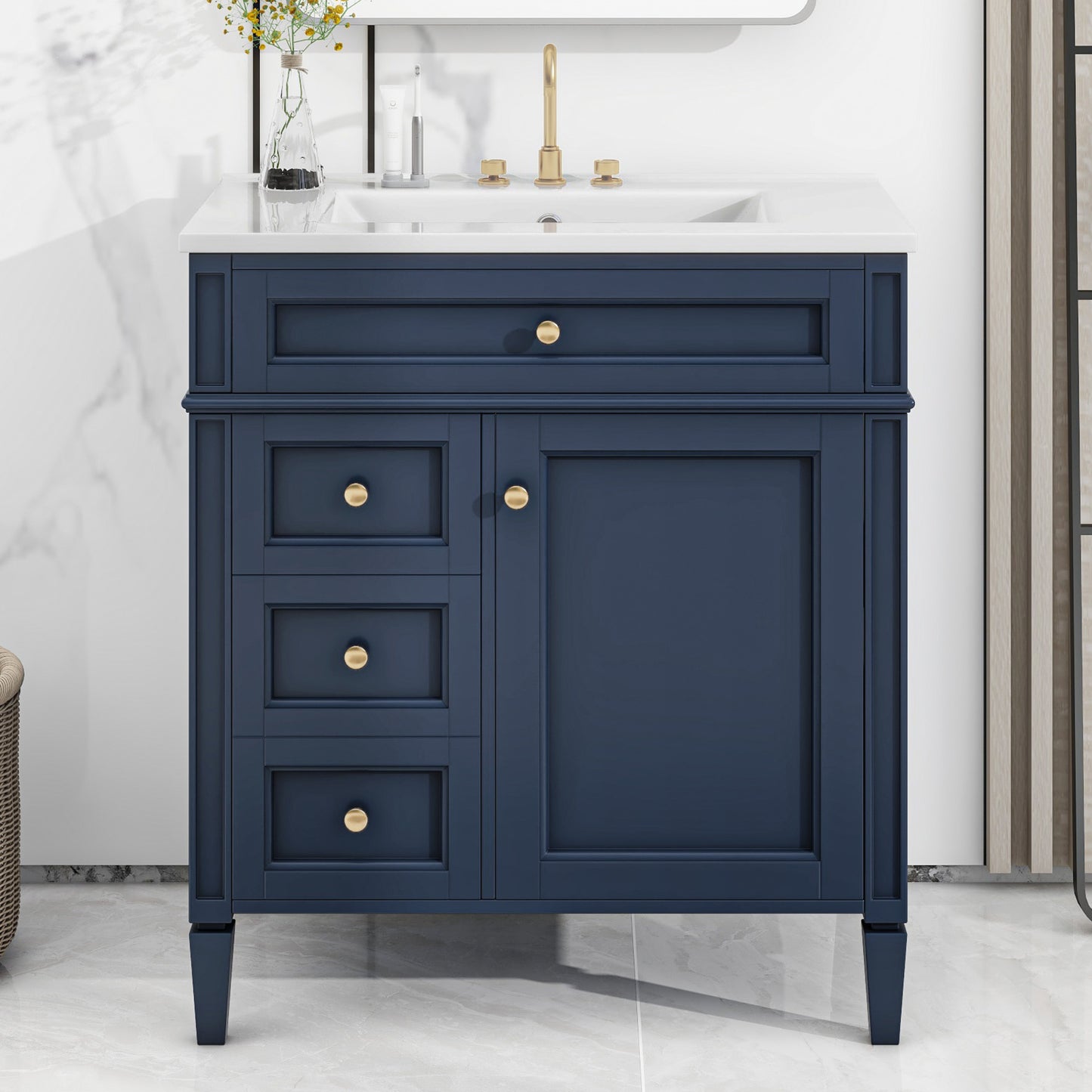 30'' Blue Bathroom Vanity with Ceramic Sink & Storage Drawers