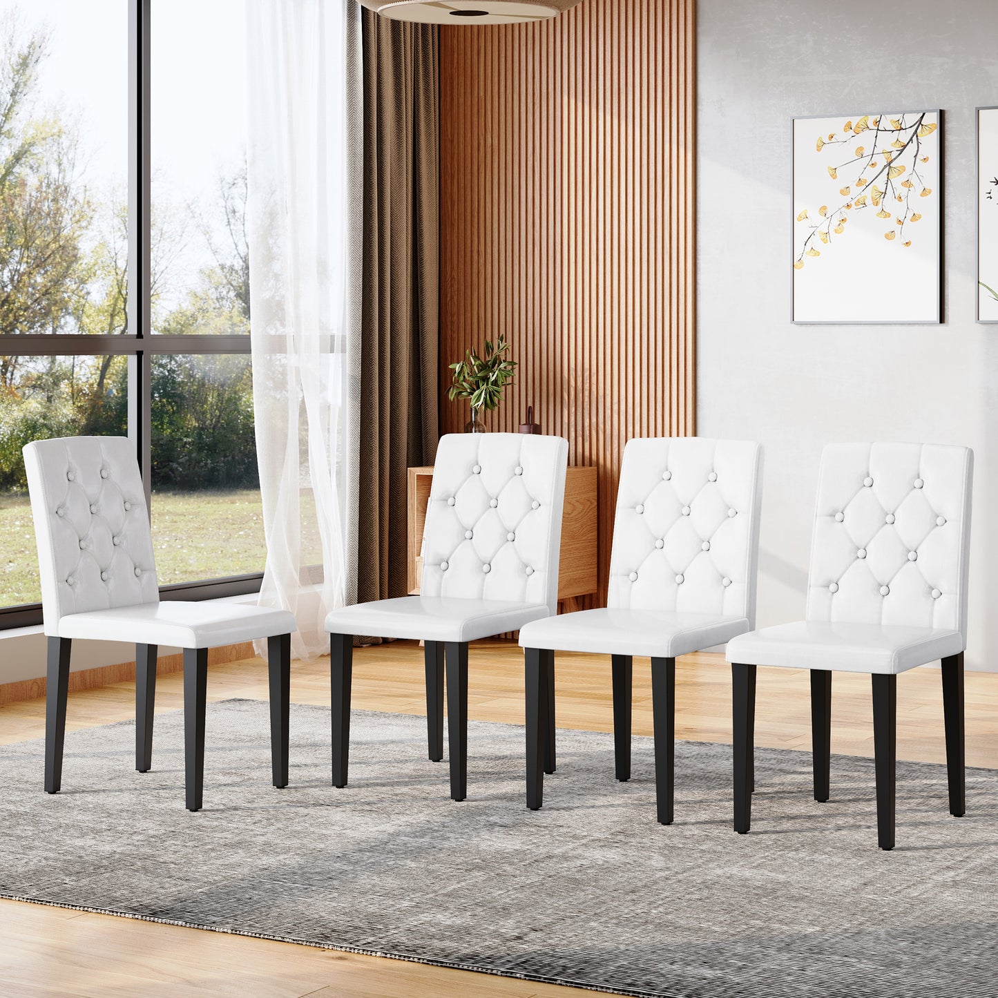 4-pack White PU Dining Chairs Ergonomic Buckle Backrest, 35 Inches