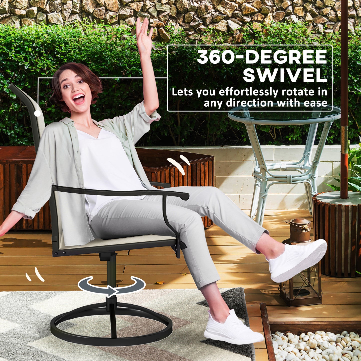 Patio Swivel Chairs Set of 2 - High Back Outdoor Dining Chairs - Beige
