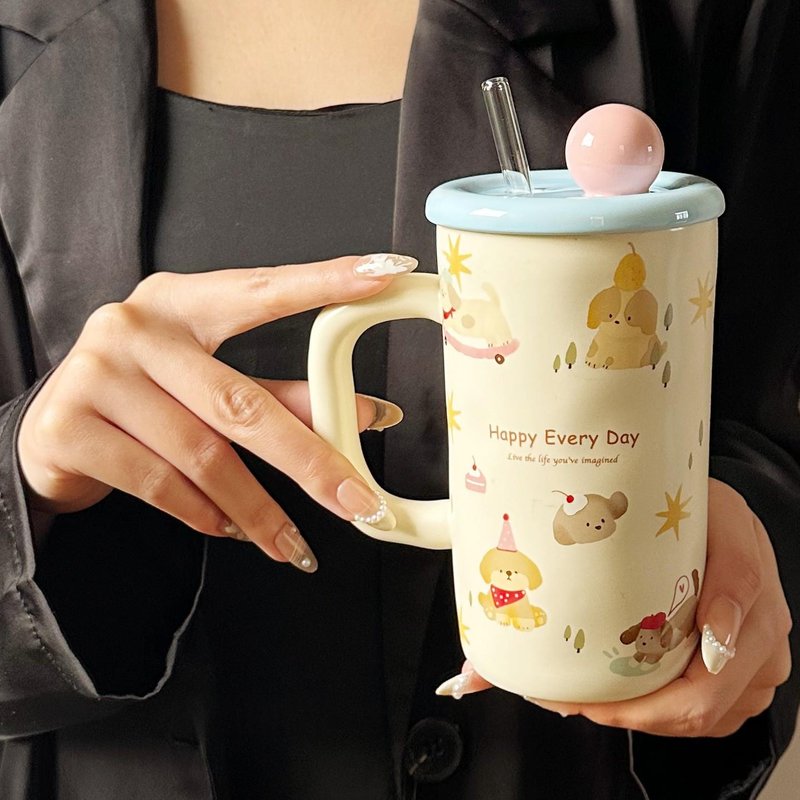 Ceramic Drinking Cup with Lid - Cartoon Style, 500ml Capacity, Multiple Variants