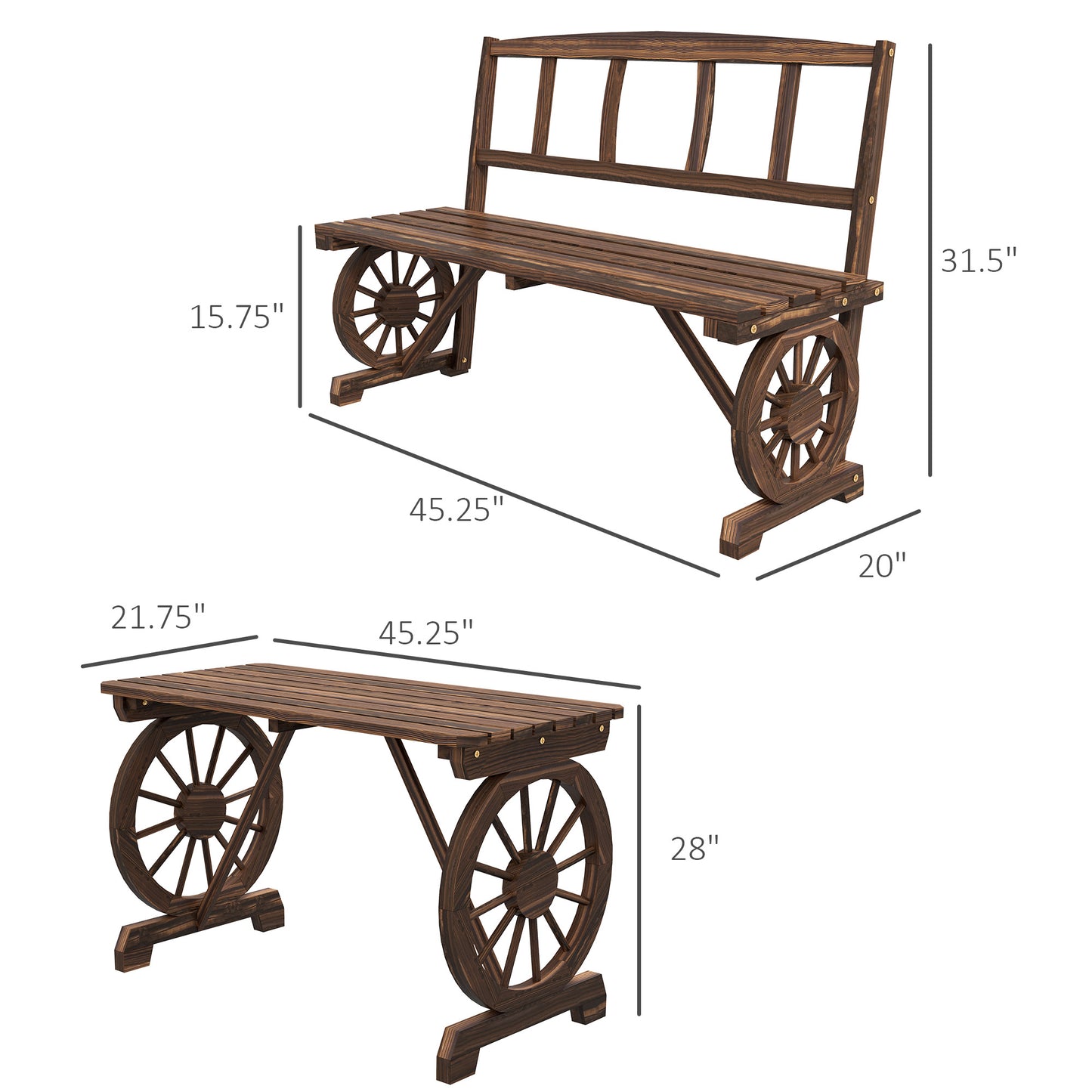 Wagon Wheel Outdoor Furniture Set for 4 - Carbonized Pine