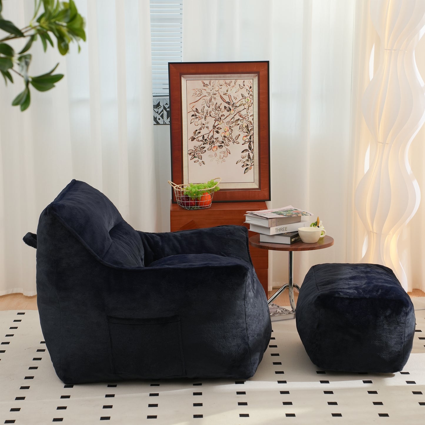 Navy Blue Faux Fur Bean Bag Chair - Comfy Foam Sofa for All Ages