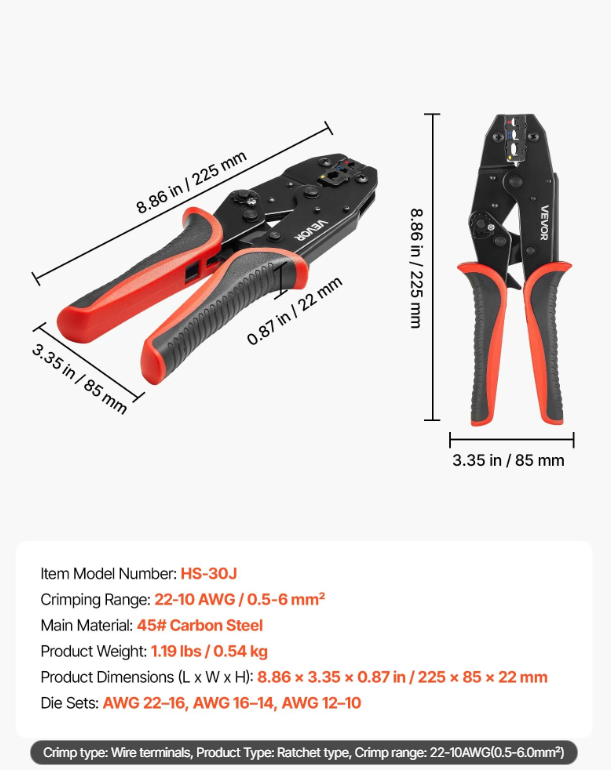 Ratcheting Wire Crimping Tool 22-10 AWG for Electrical Terminals