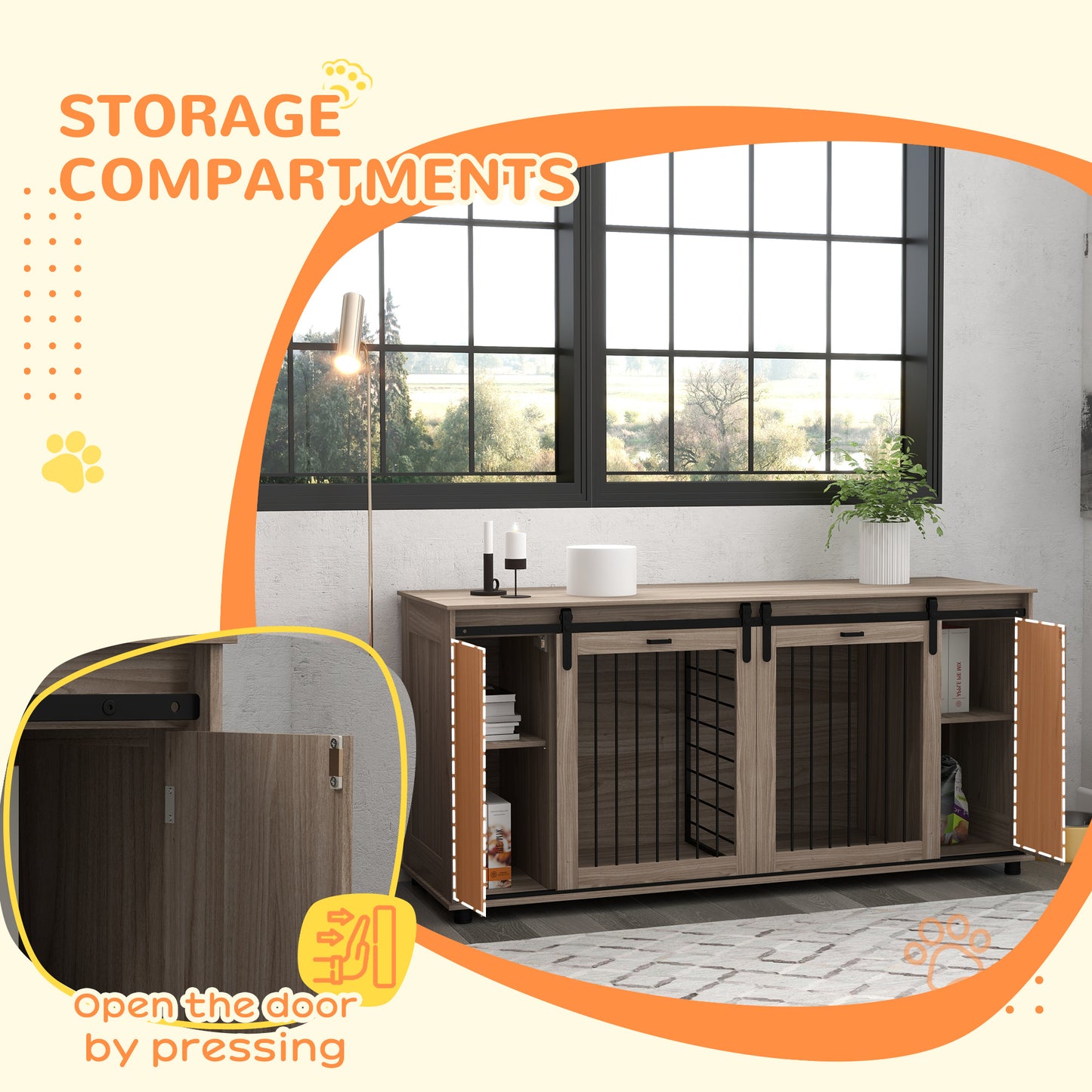 71-Inch Modern Dog Kennel with Storage & Removable Divider - Walnut