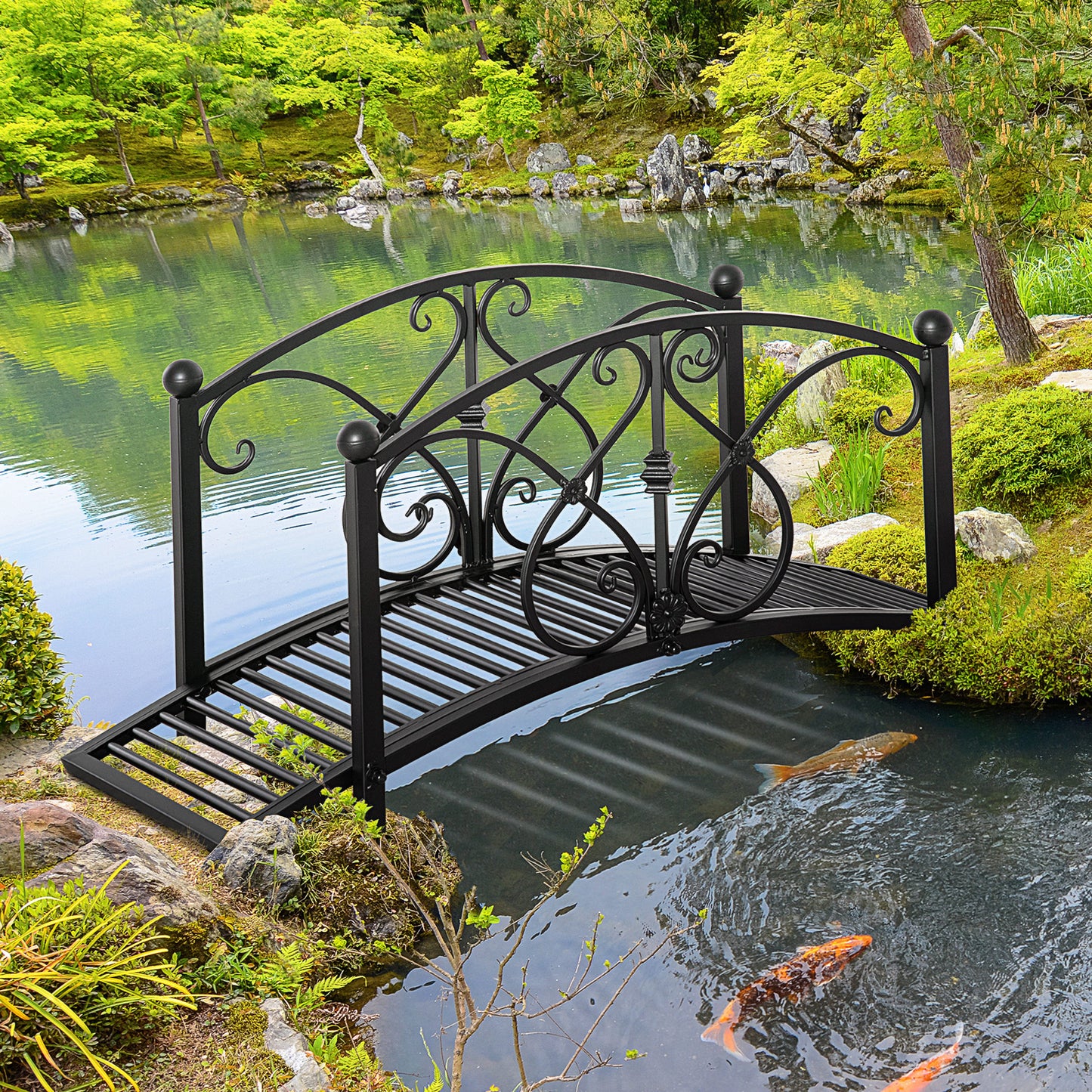 3.3FT Garden Bridge with Safety Railings - Decorative Black Backyard Pond Footbridge