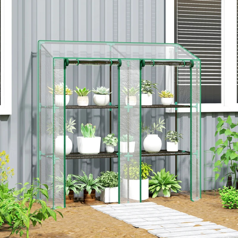 Portable Lean-To Greenhouse with 3 Tier Shelves and Zipper Doors - Clear