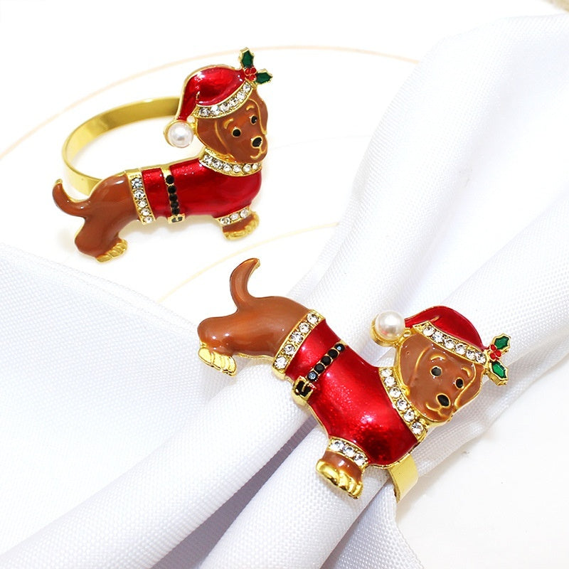 Christmas Dog Napkin Ring - Holiday Puppy Napkin Holder in Inlaid Alloy