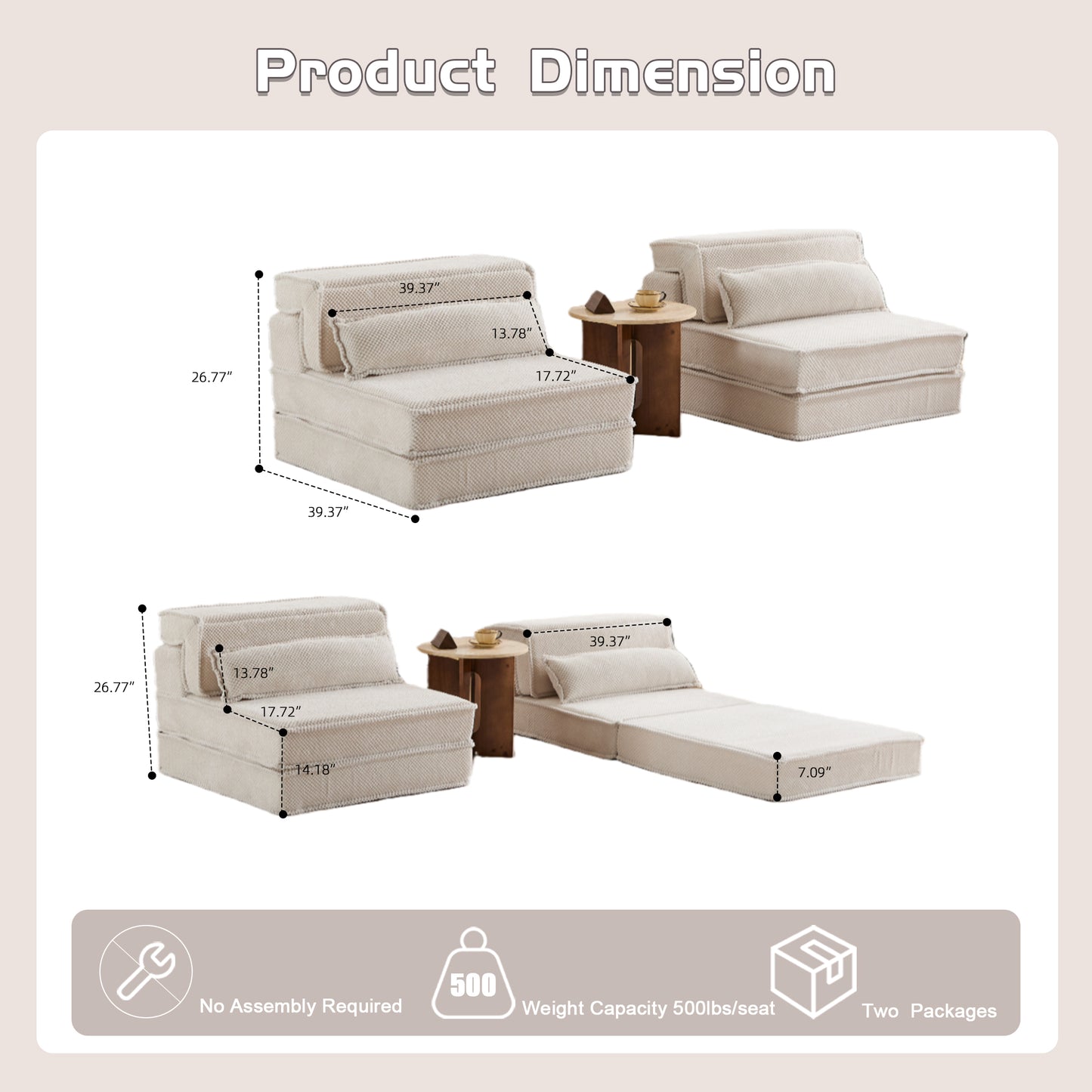Convertible Floor Sofa Bed - Oversized White Modular Sofa with Pillows