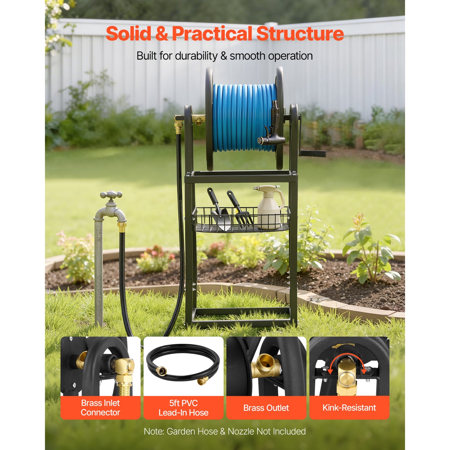 Wall Mounted Garden Hose Reel - Holds 200 Feet of 5/8 Inch Hose with Brass Connector, Decorative Bronze Finish for Yard and Garden
