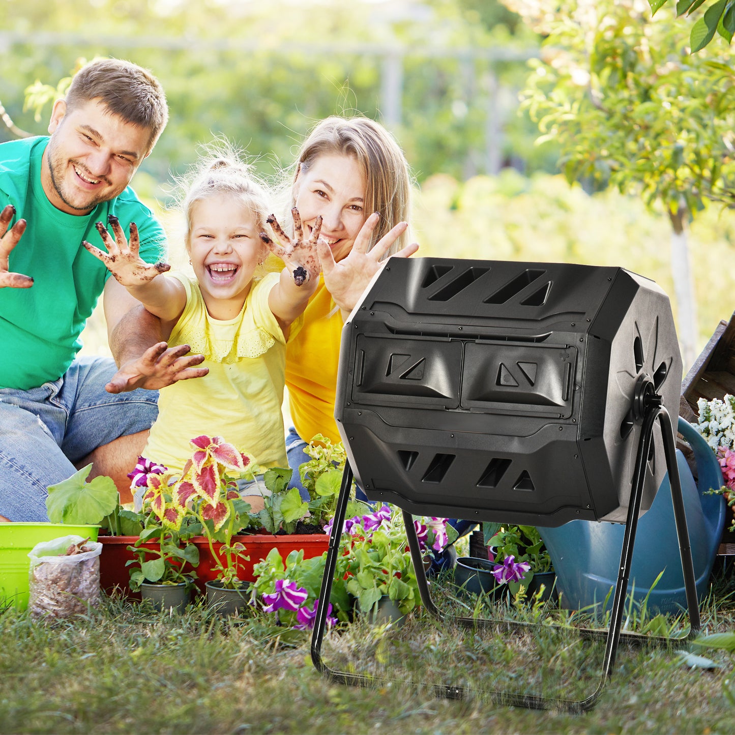 Outdoor 360° Rotating Compost Bin 43 Gallon Dual Chamber Garden Tumbler Black