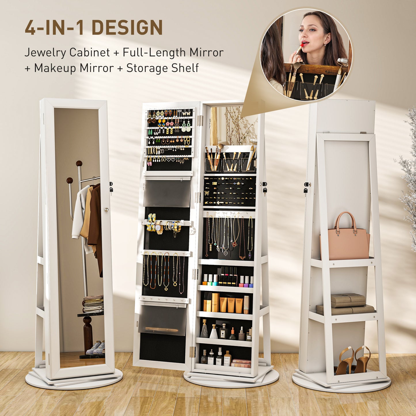 360° Swivel Jewelry Armoire with Full-Length Mirror - White