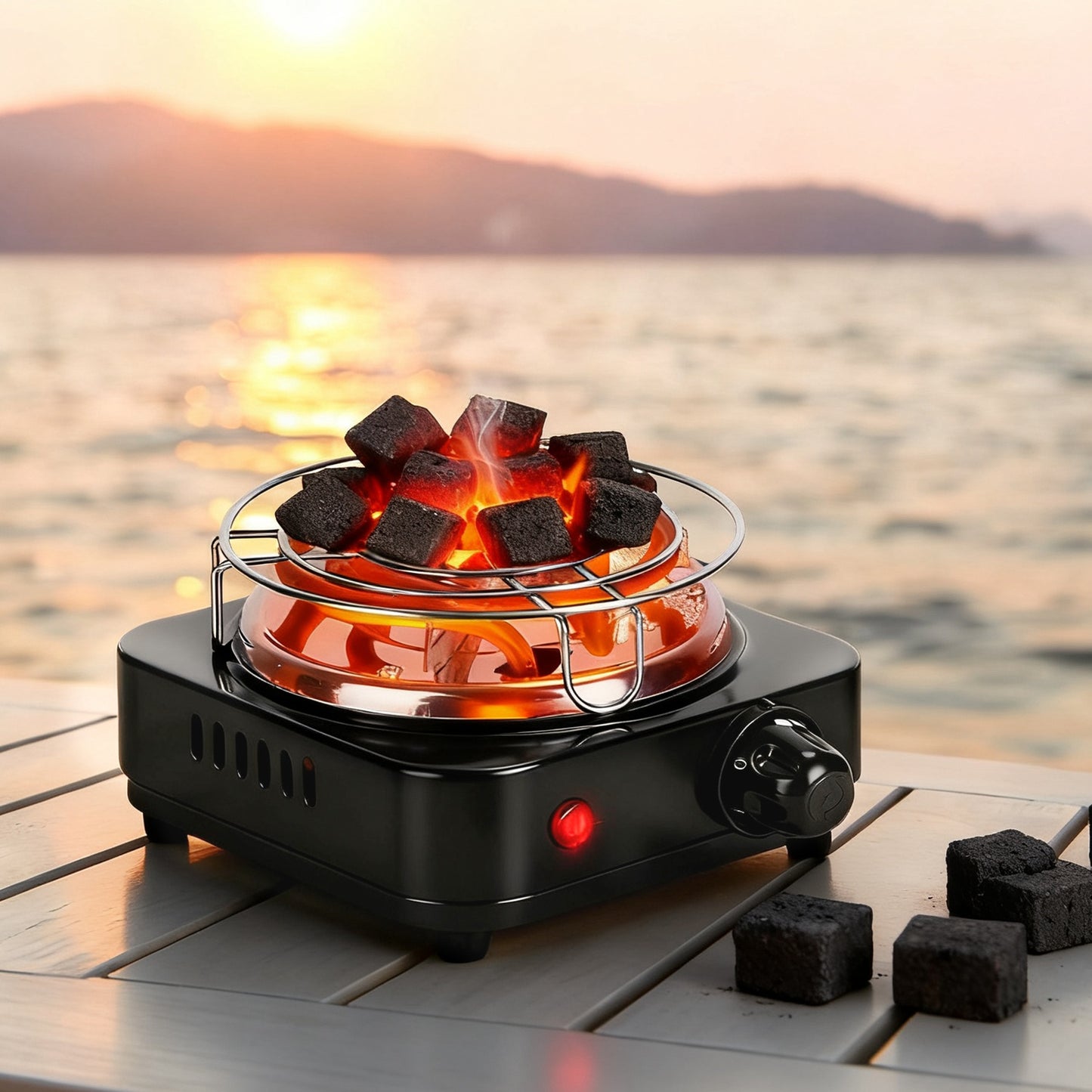 500W Electric Charcoal Burner with Thermostat Control & Tongs