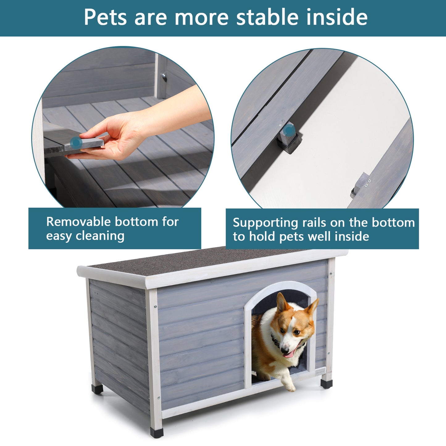 Outdoor Dog House with Waterproof Roof & Elevated Floor - Medium, Grey