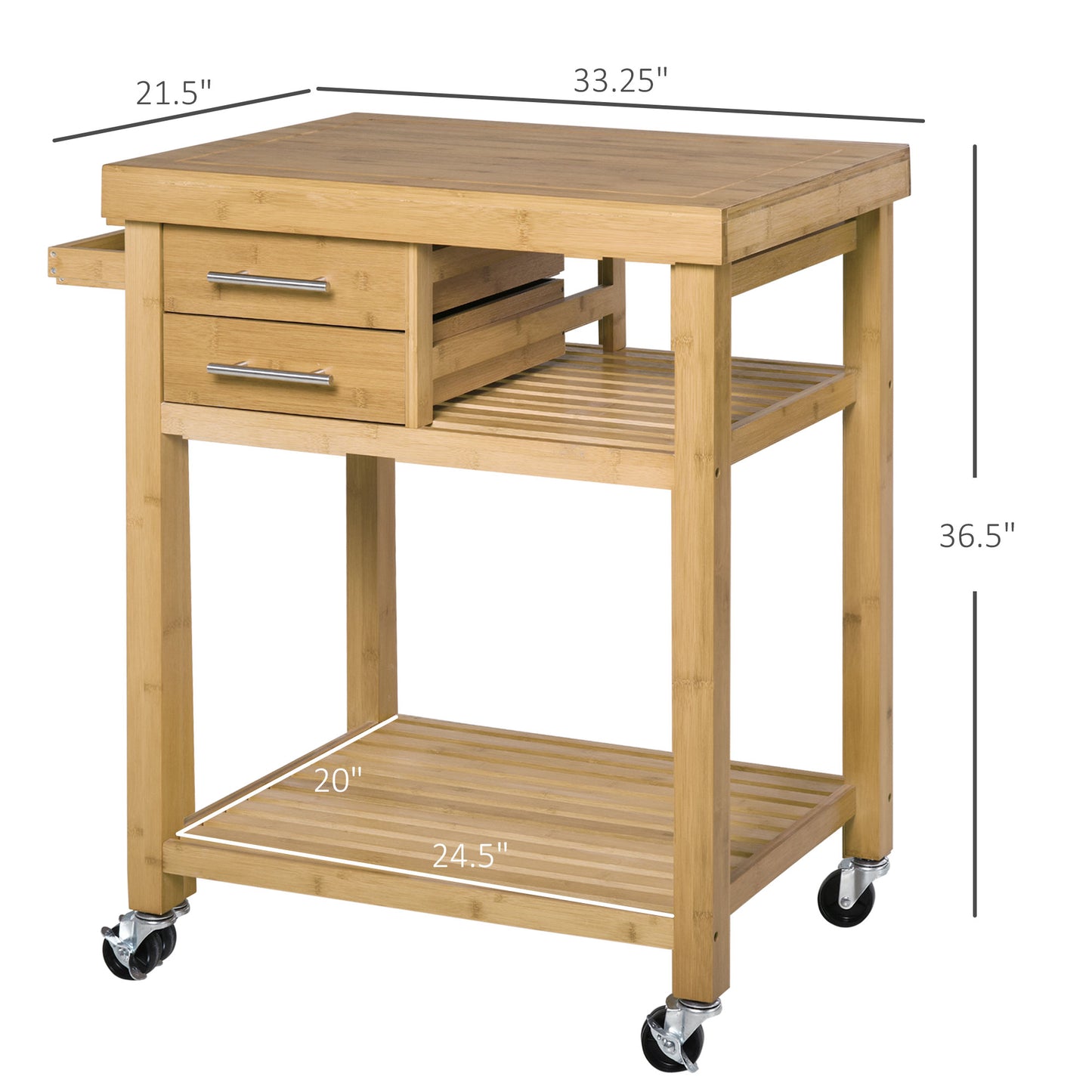 Bamboo Kitchen Island Cart on Wheels, Utility Trolley with 2 Storage