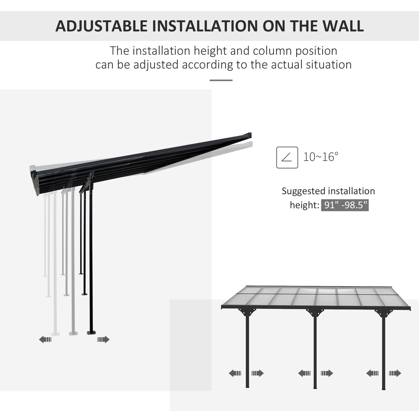 Outdoor Polycarbonate Pergola - UV Blocking Hardtop Awning, Gray