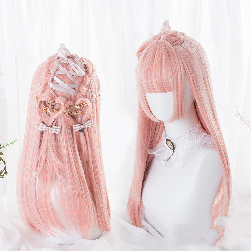Long Curly Hair Wig with Bangs - Peach Powder