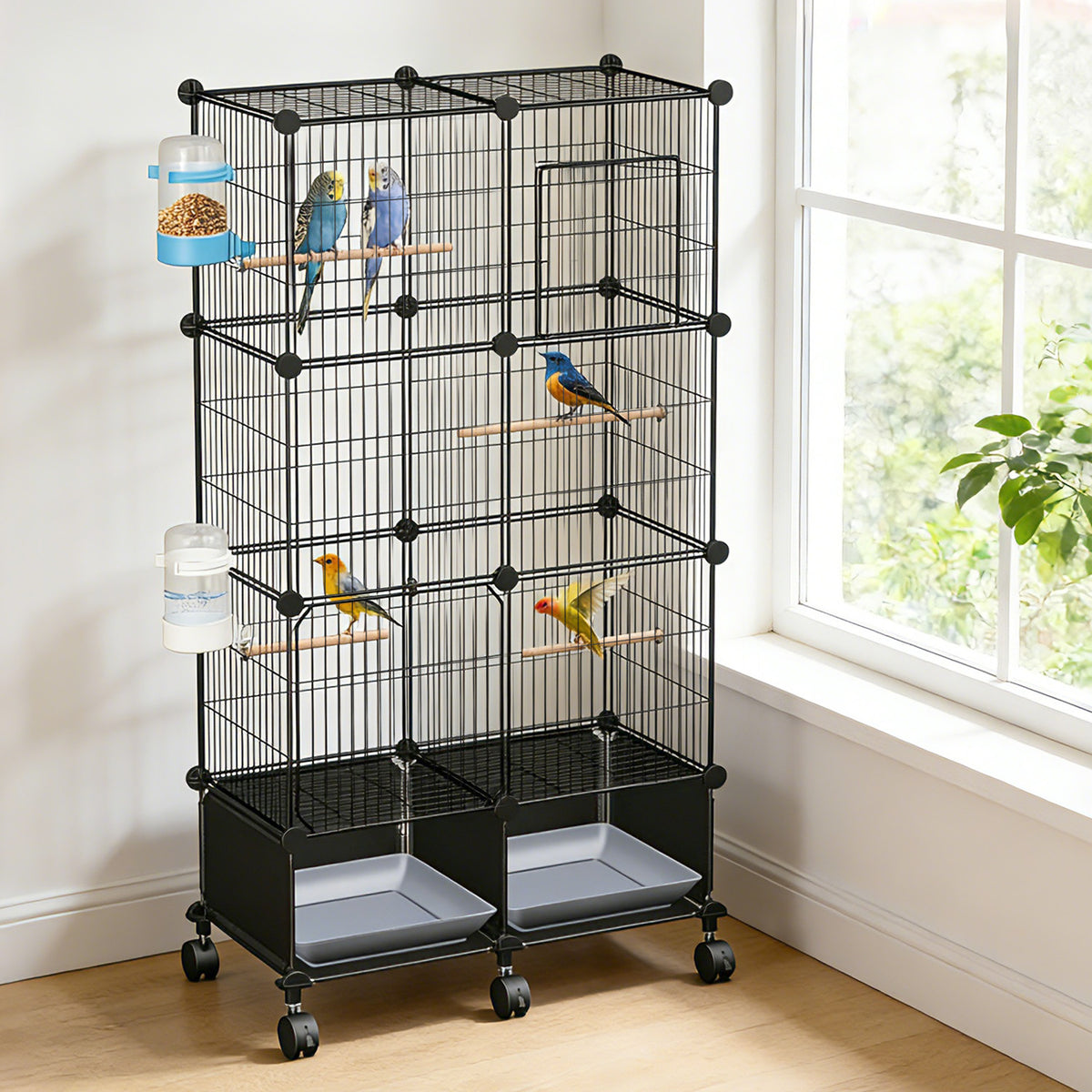 Spacious Bird Cage with Perches Water Bottles and Lockable Wheels for Small to Medium Birds