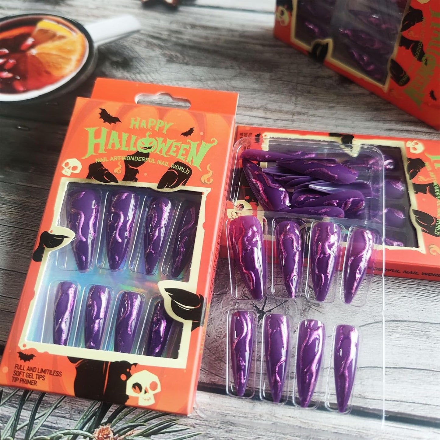 Long Stiletto Press-On Nails - Purple Glitter Devil's Claws 24-Piece Set
