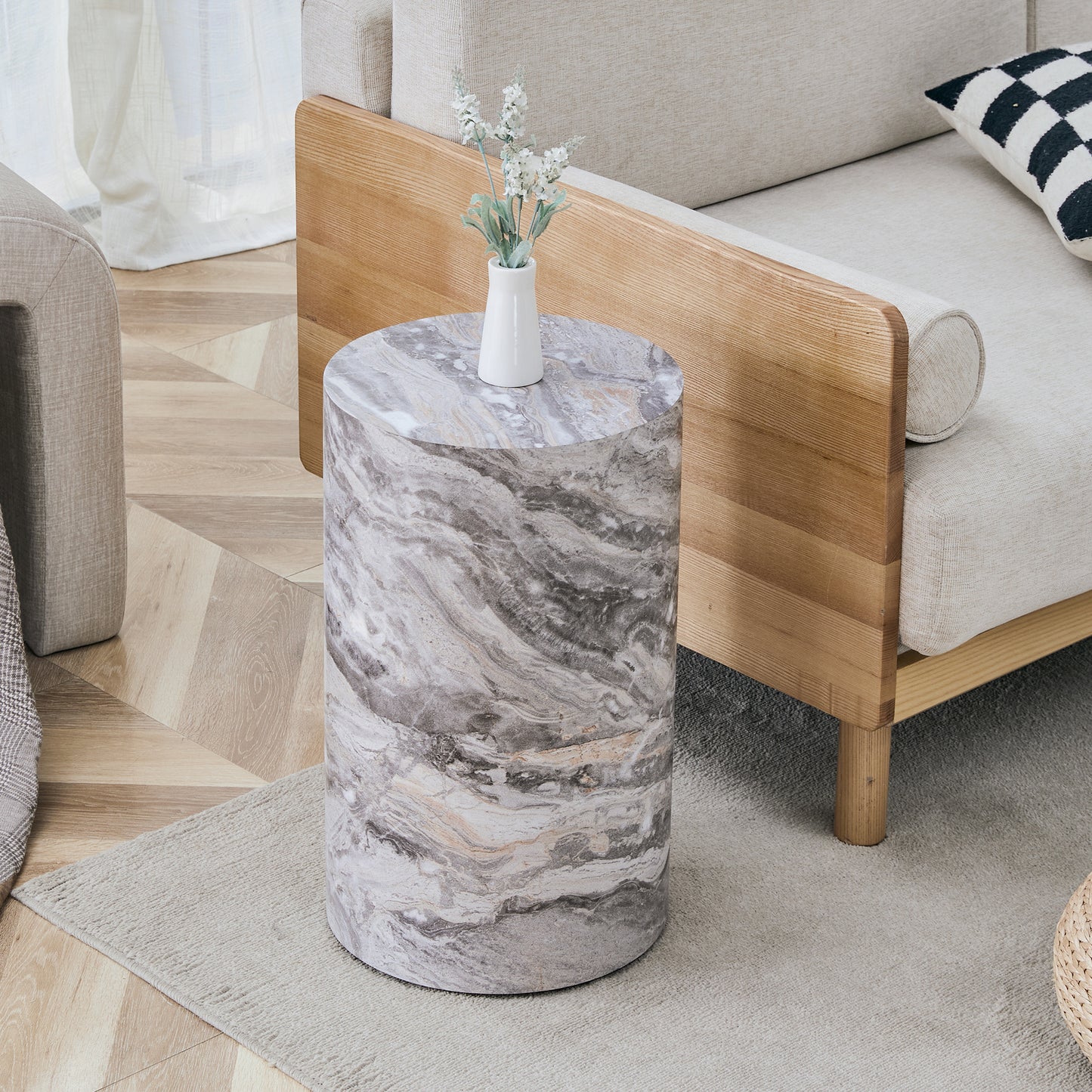 Simple Grey Marble Textured Cylindrical Coffee Table, 12-inch