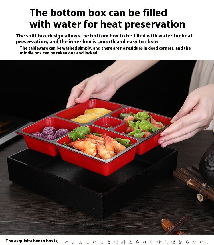 Japanese Style Wooden Grain Plastic Lunch Box with Divided Compartments