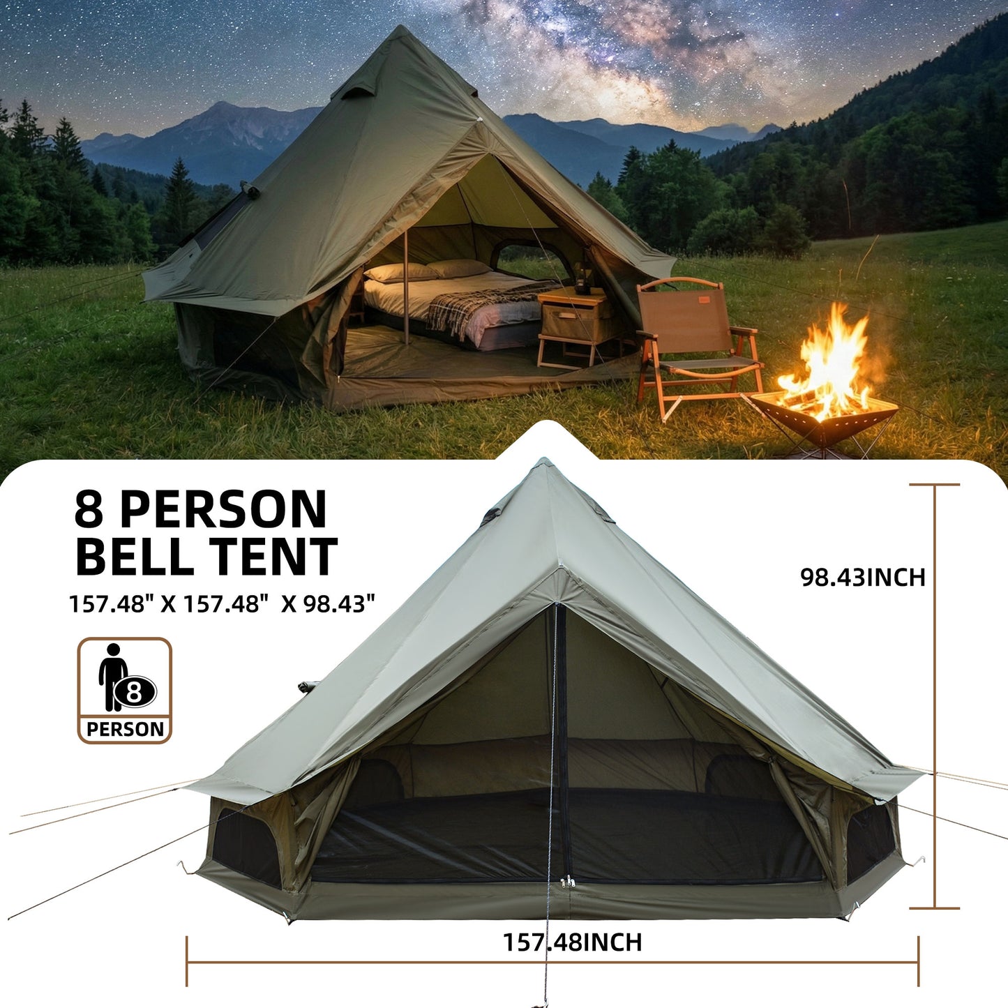 4-Season Glamping Bell Tent 13.1FT - Green Waterproof Yurt Tent