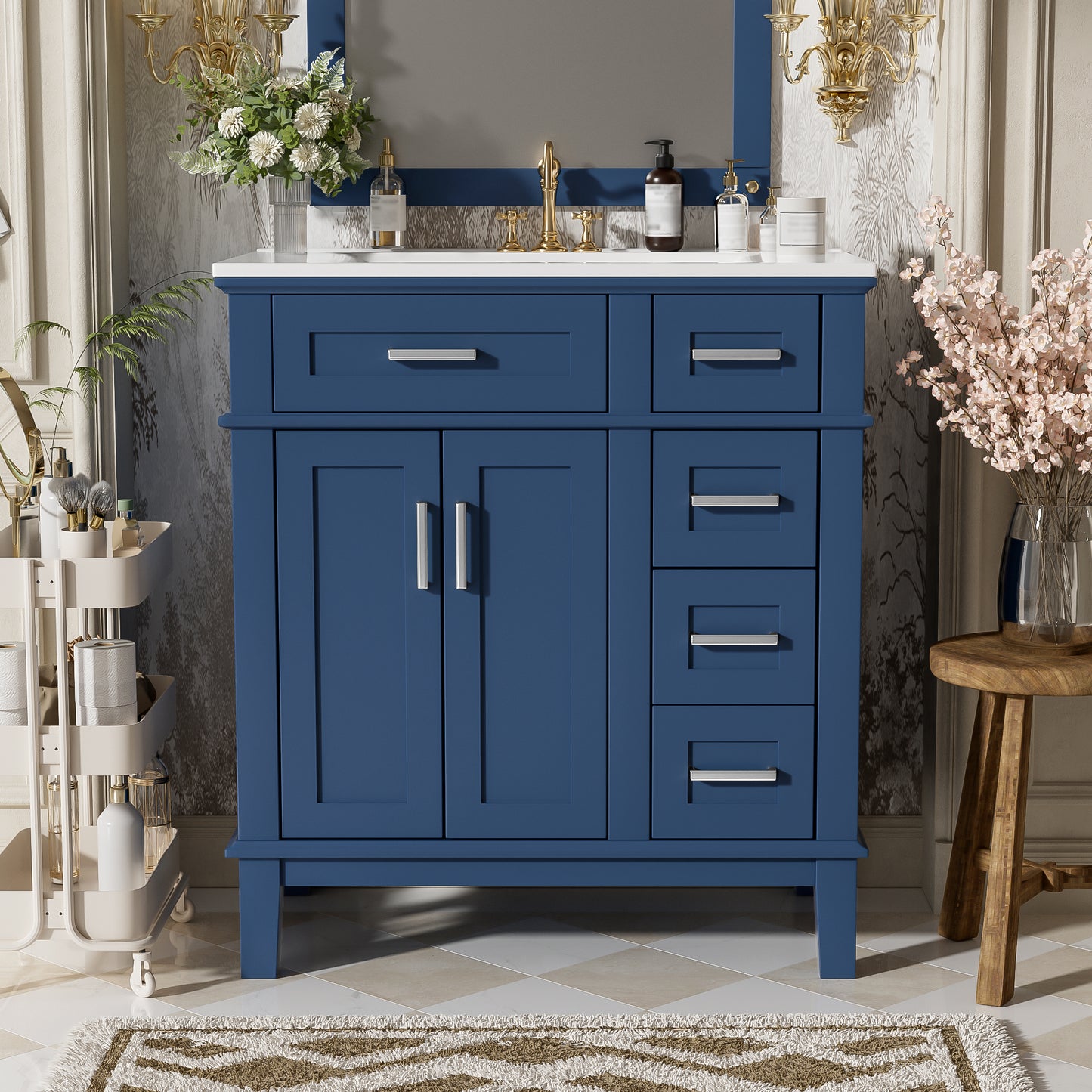 30" Blue Bathroom Vanity with Ceramic Sink & Soft-Close Doors