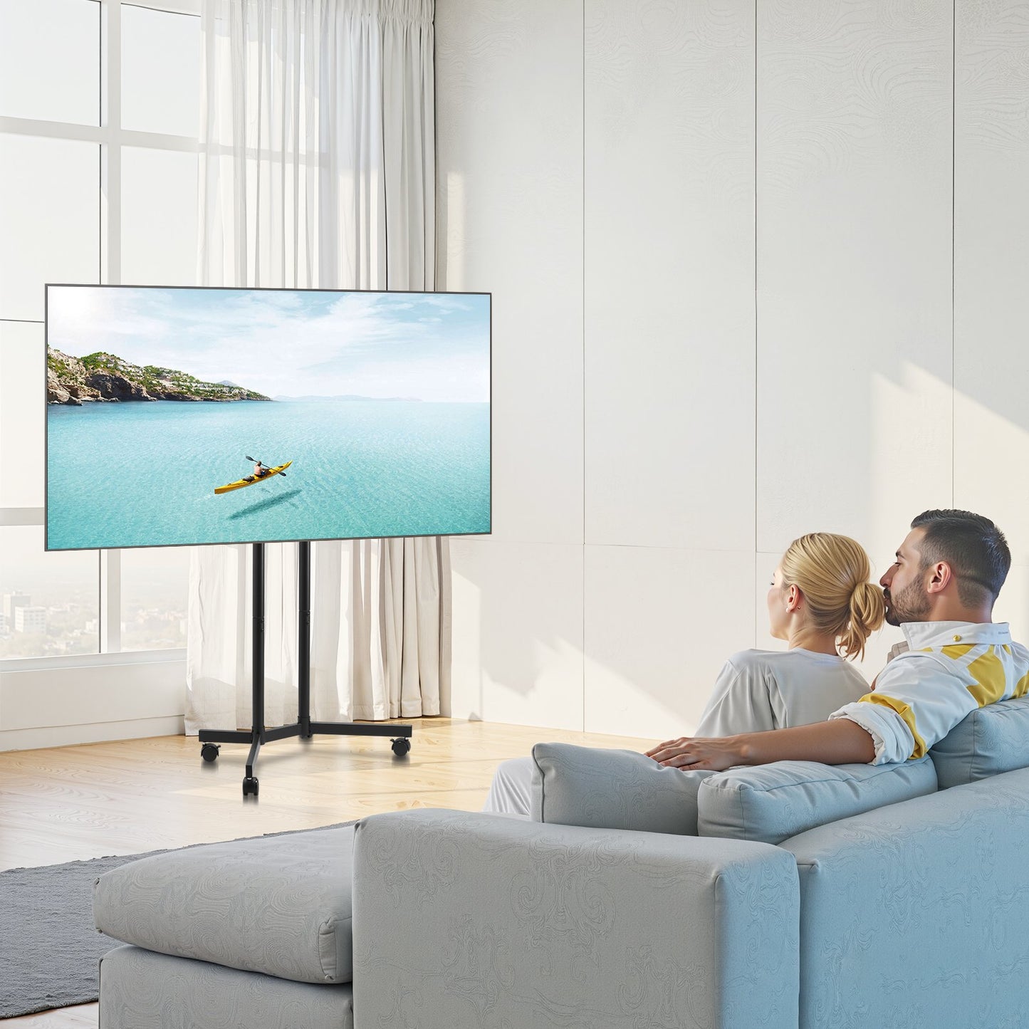 Mobile TV Stand for 32-65 Inch Screens - Height Adjustable with Wheels
