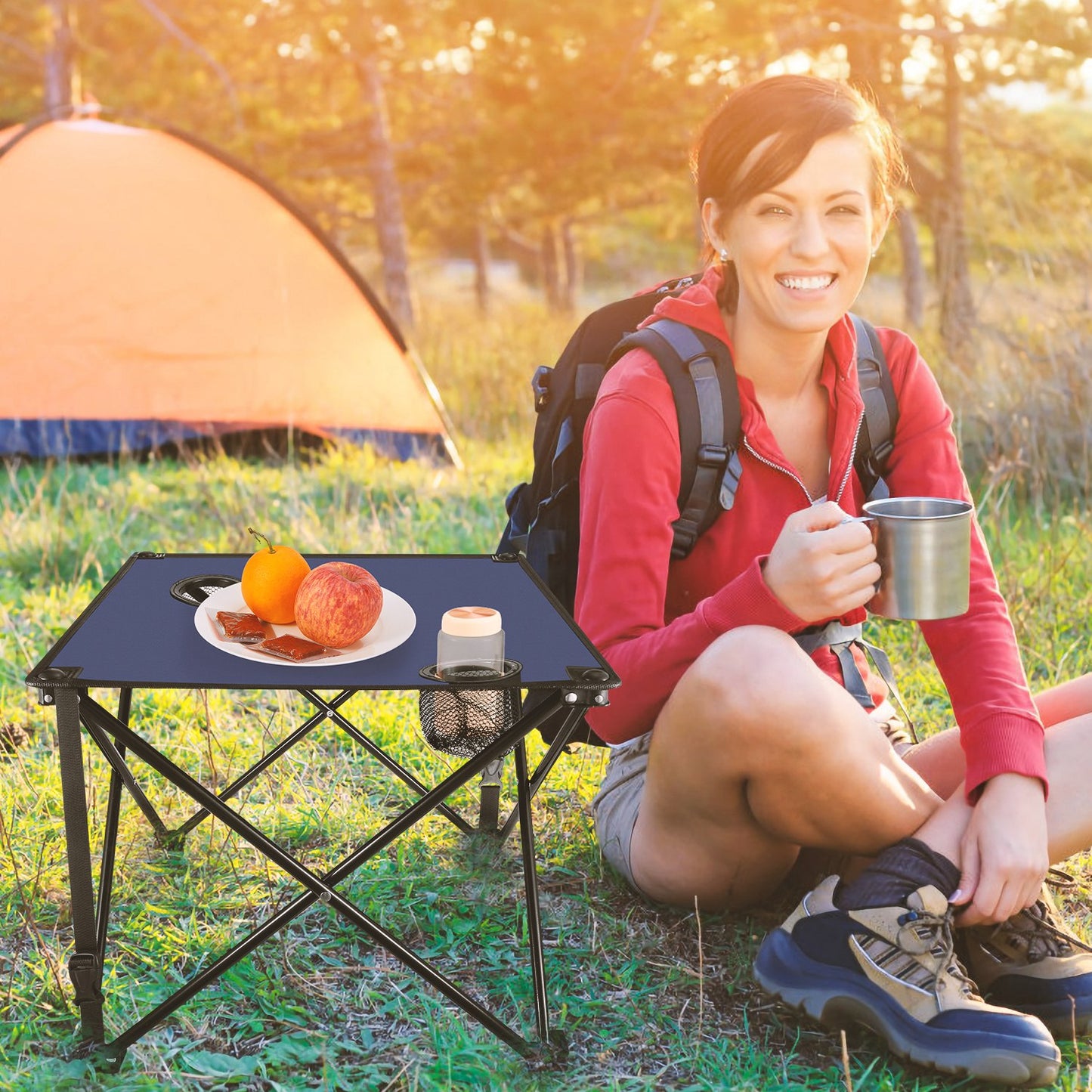 Portable Folding Camping Table with Cup Holders - Multiple Colors & Sets