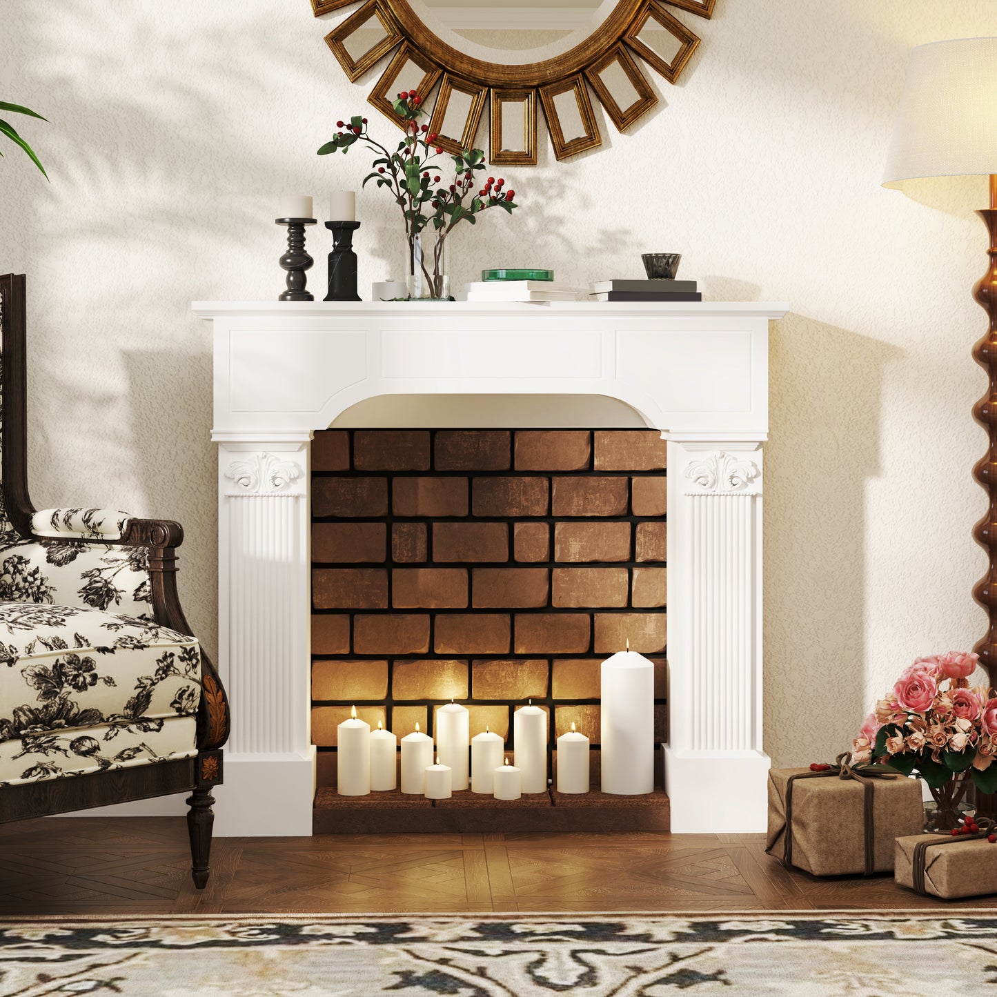 White Fireplace Mantel Surround for Electric Fireplaces - 43.3" W x 42.8" H