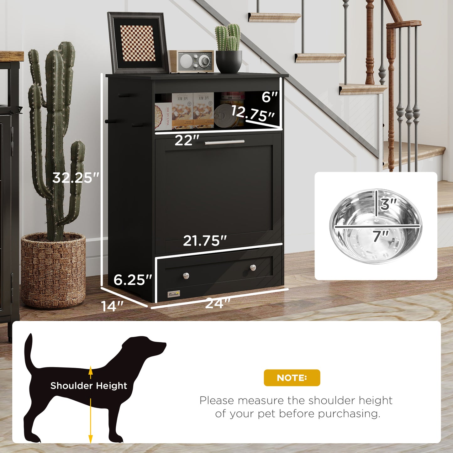 Pet Feeder Station with Storage Cabinet and Raised Bowls - Black
