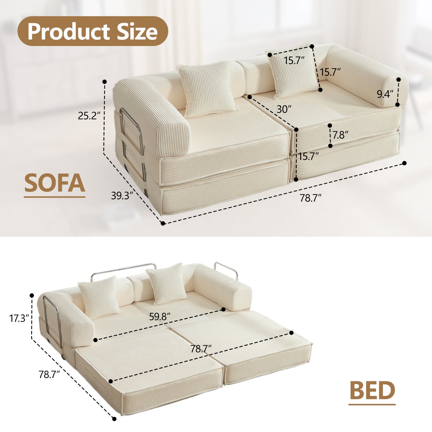 78" Convertible Sofa Bed - Modular Corduroy Couch with 2 Pillows - Beige