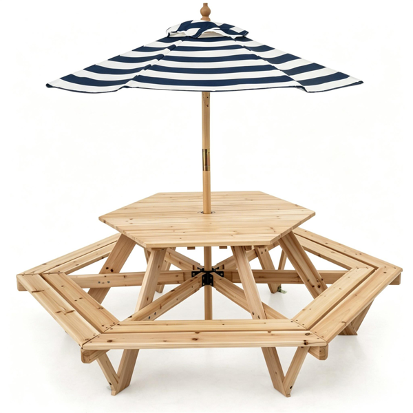 Kids Hexagonal Picnic Table with Umbrella - 6 Seats, Solid Wood Outdoor Set