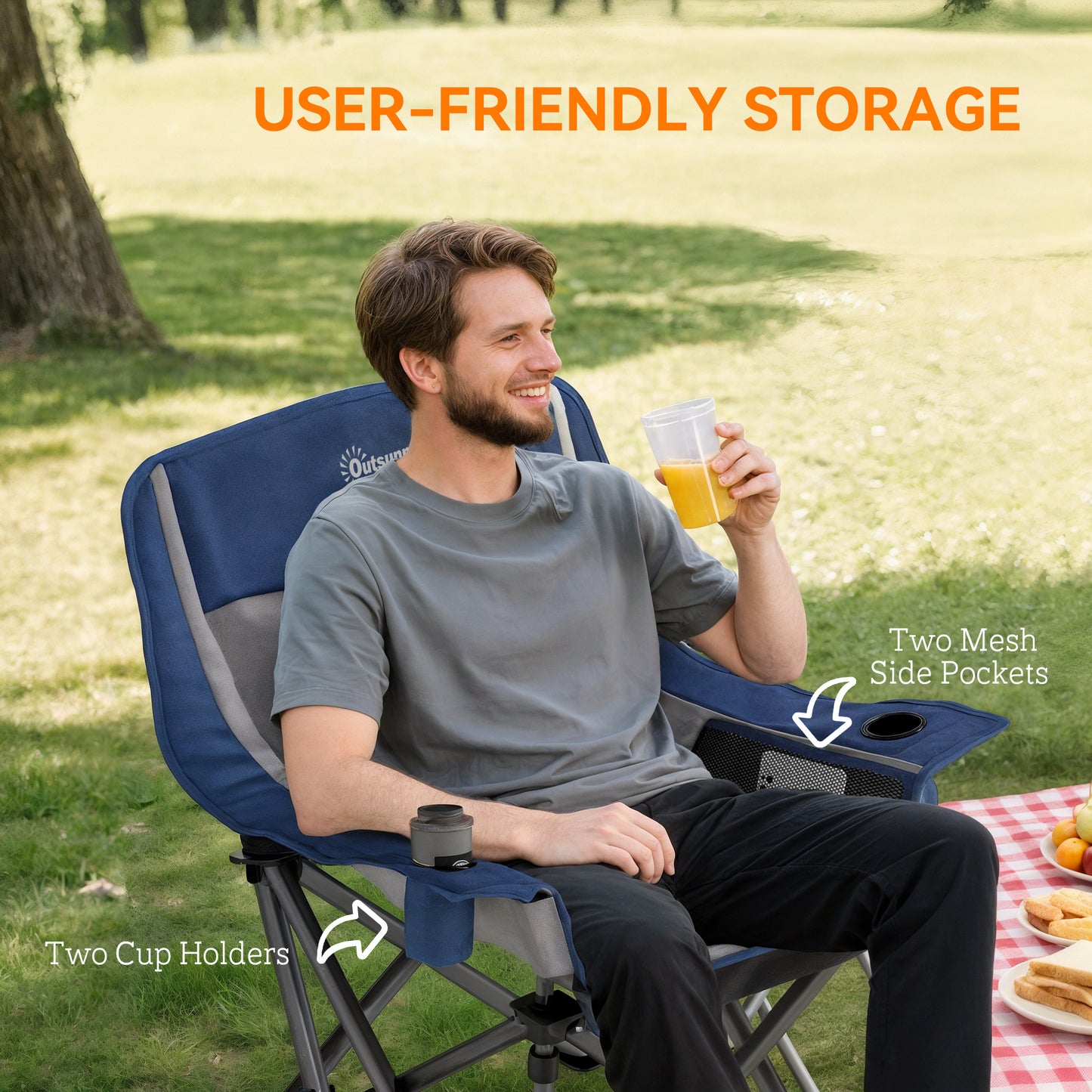 Portable Camping Chair with Cup Holders & Side Pockets - Blue/Gray