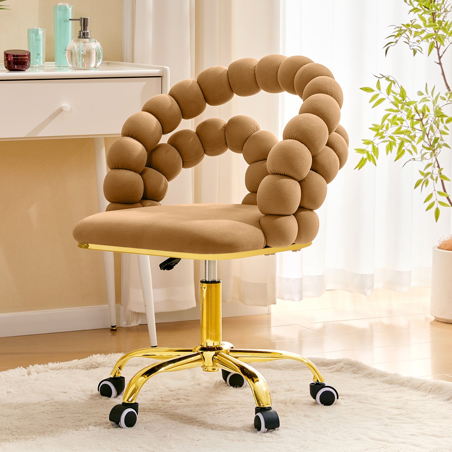 Velvet Bubble Back Swivel Office Chair - Adjustable Height, Gold Base
