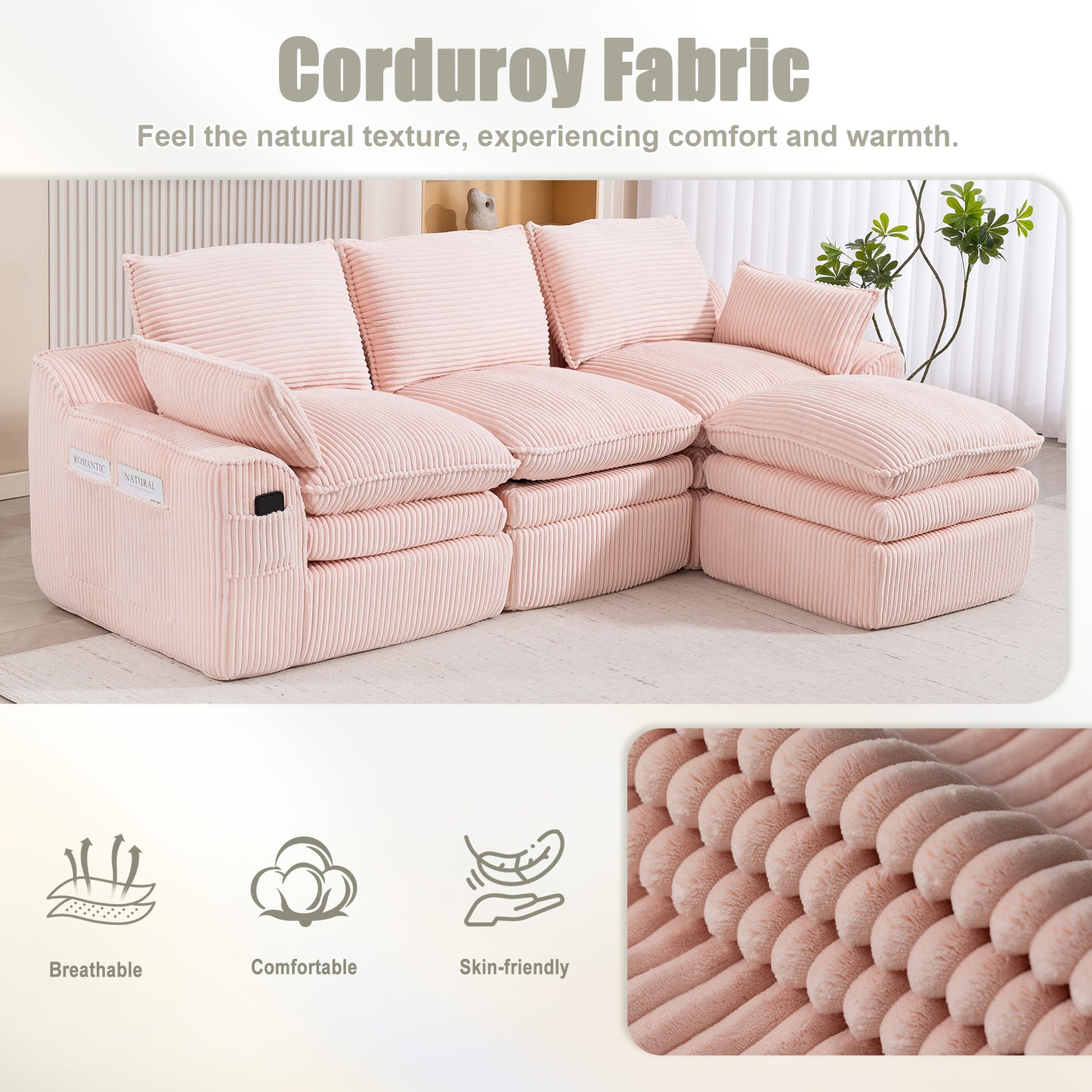 L-Shaped Modular Sectional Sofa - Pink Corduroy with Footstool
