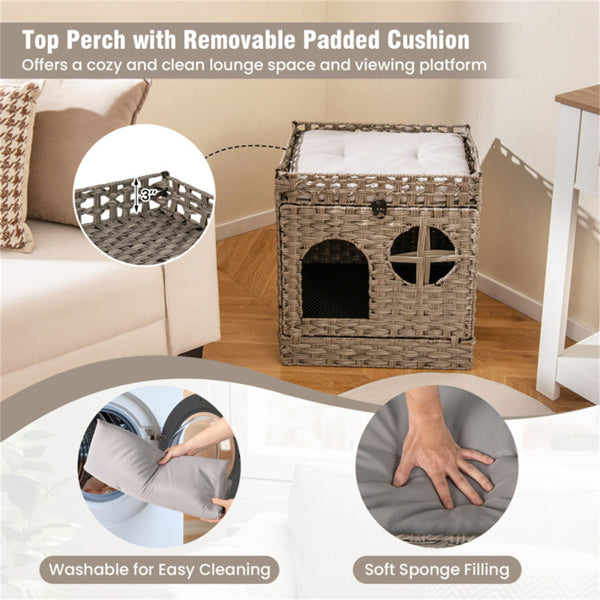Gray Wicker Cat Condo with Litter Mat & Detachable Cushion - Hidden Enclosure