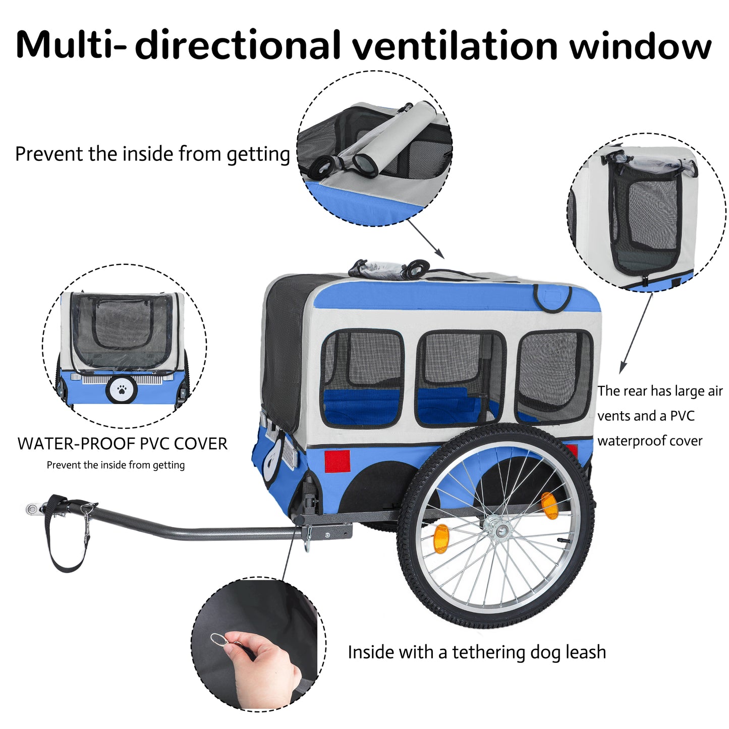 Heavy-Duty Folding Bike Trailer for Dogs with All-Terrain Wheels - Blue Gray