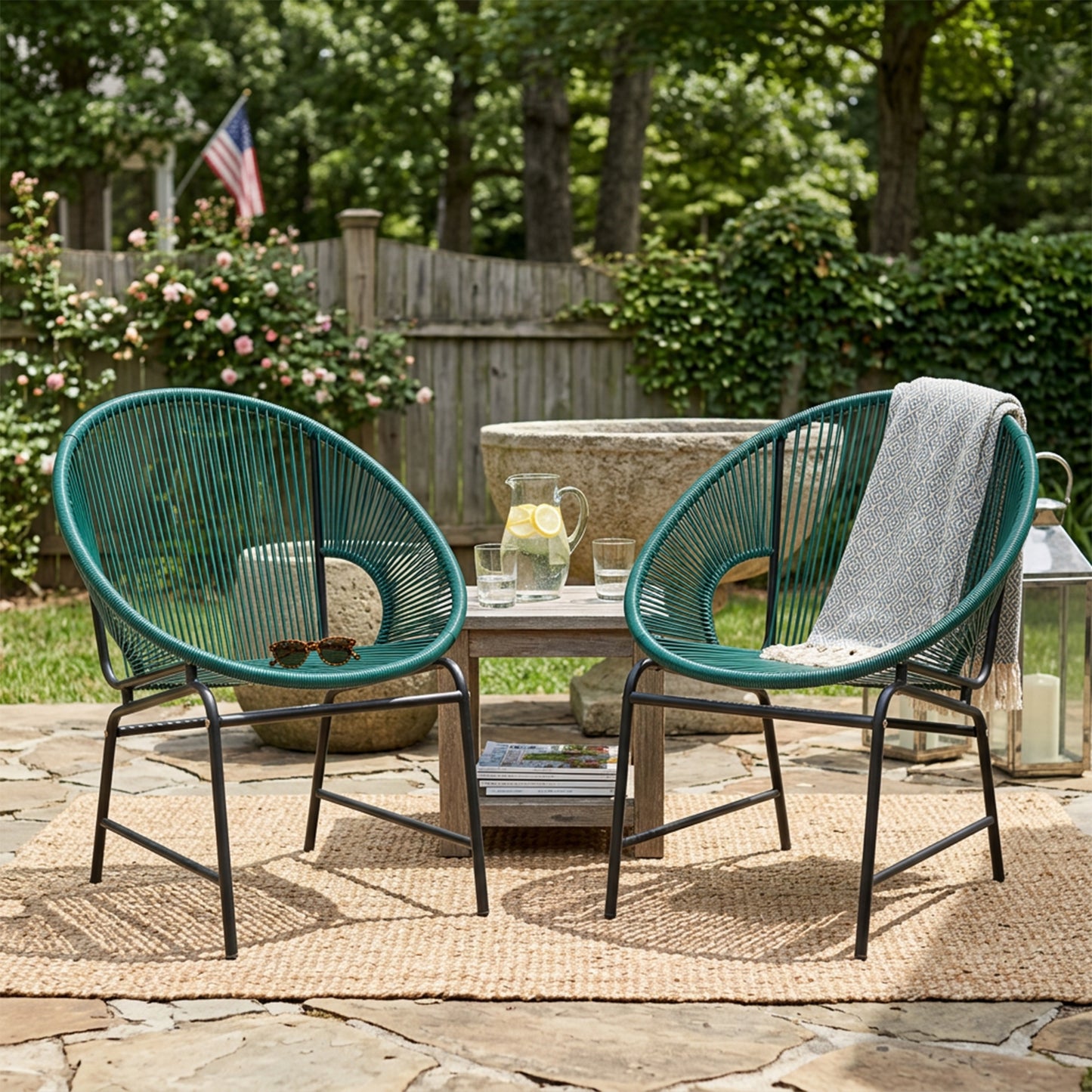 NUSA OUTDOOR PATIO WICKER CHAIR, TEAL PE RATTAN & IRON FRAME, SET OF 2