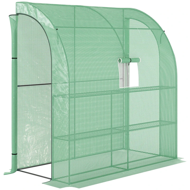 Lean To Greenhouse with Shelves - Walk-In Plant Nursery, Green PE Cover