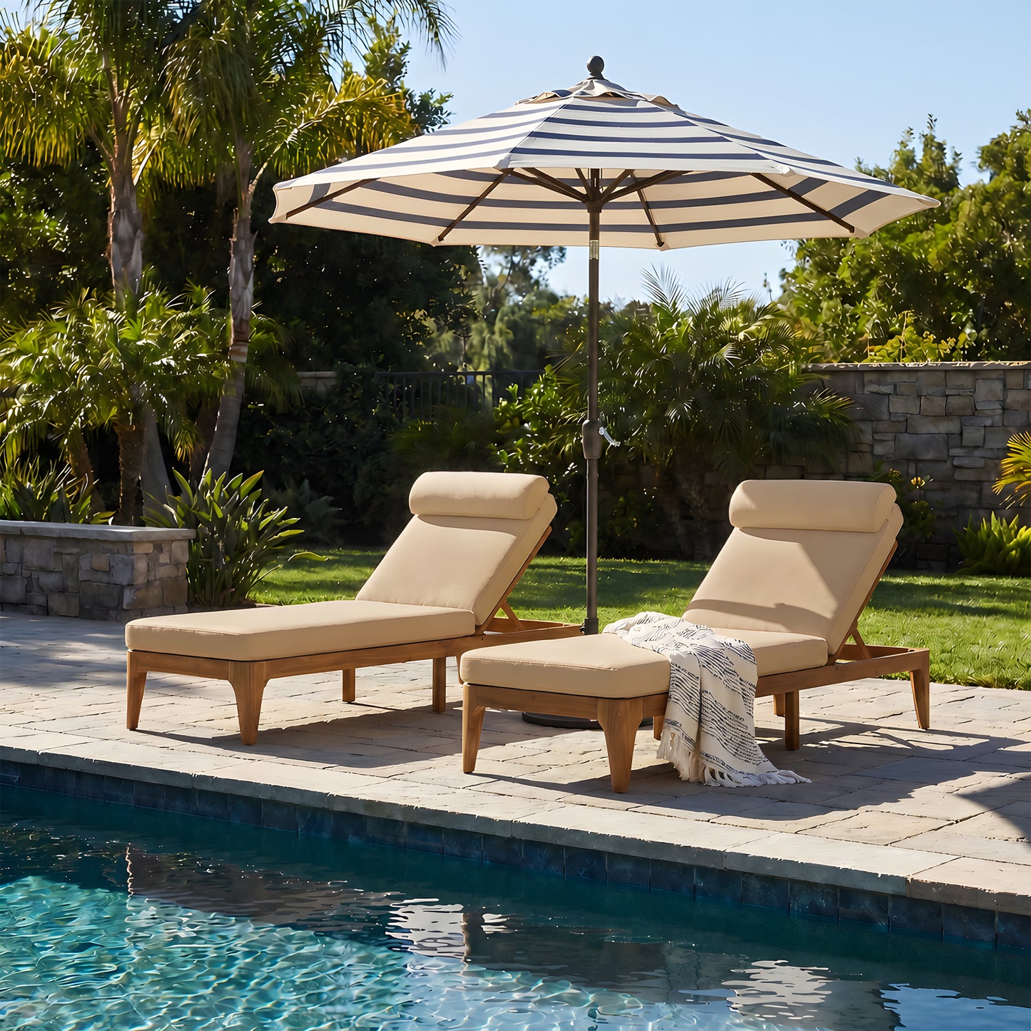Acacia Wood Chaise Lounge Set - Adjustable Outdoor Recliner - Brown