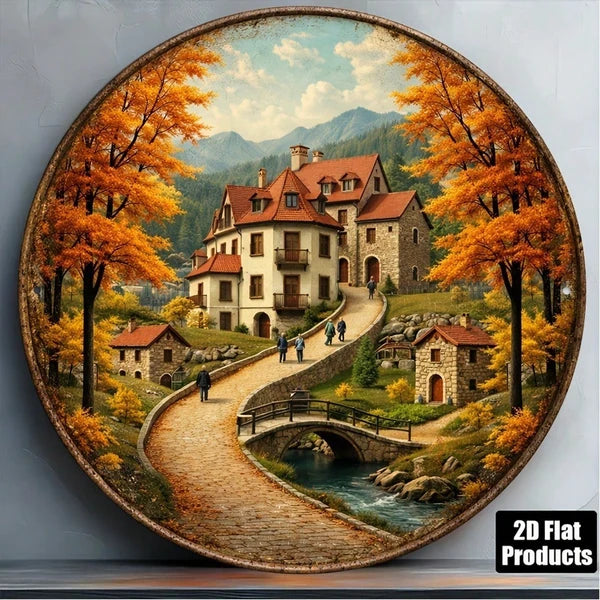 Vintage Autumn Town 2D Flat Round Sign - 8 Inch Rustic Plaque