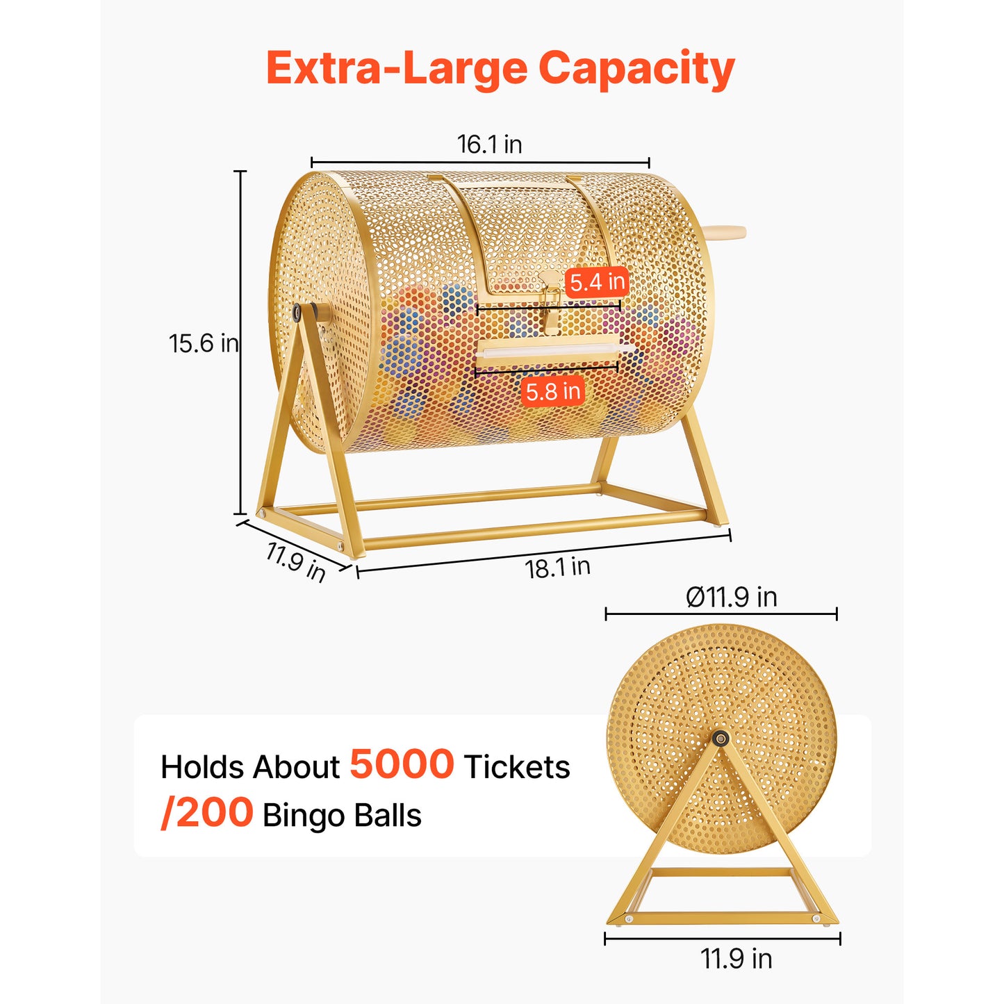 Raffle Ticket Spinner Cage - 16.1 x 11.9 Inches Holds 5000 Tickets or 200 Ping Pong Balls - Lottery Spinning Drum with Reinforced Handle and Stable Stand